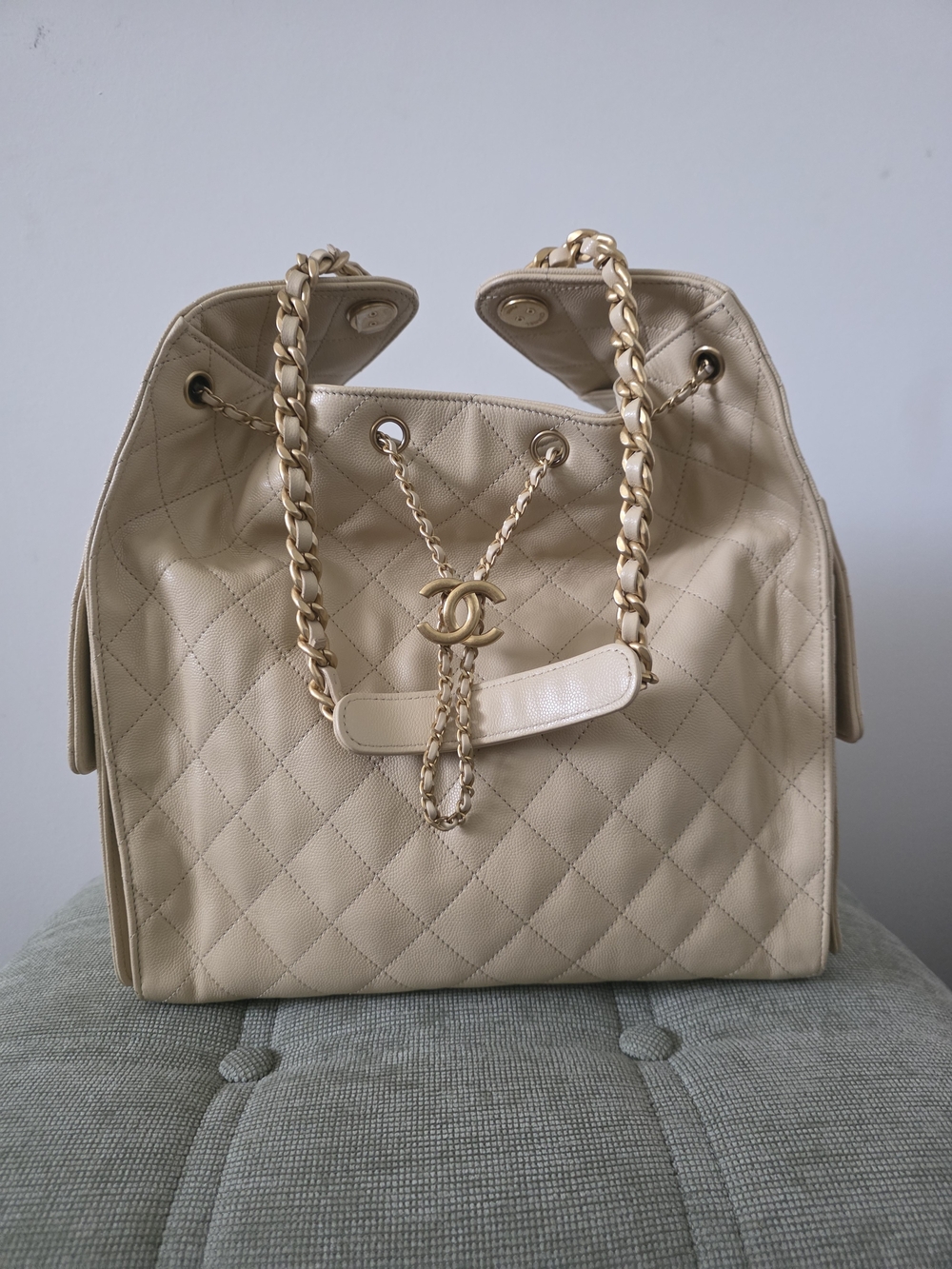 Chanel Quilted Drawstring Shoulder Bag in Beige